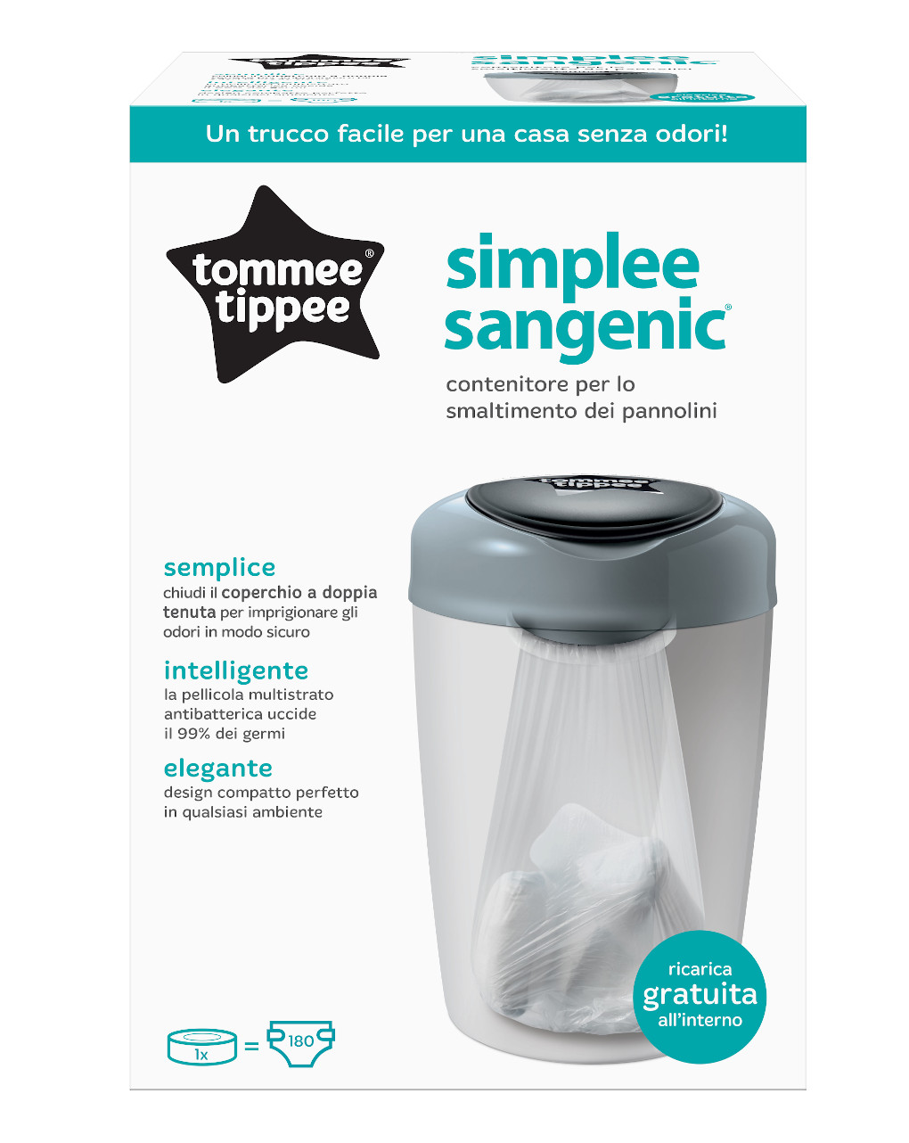 Tommee tippee sangenic simplee sistema di smaltimento pannolini, bianco