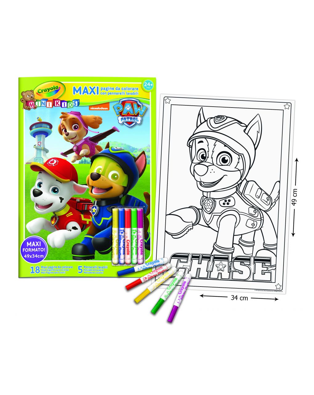 Crayola - maxi pagine da colorare paw patrol con pennarelli mini kids