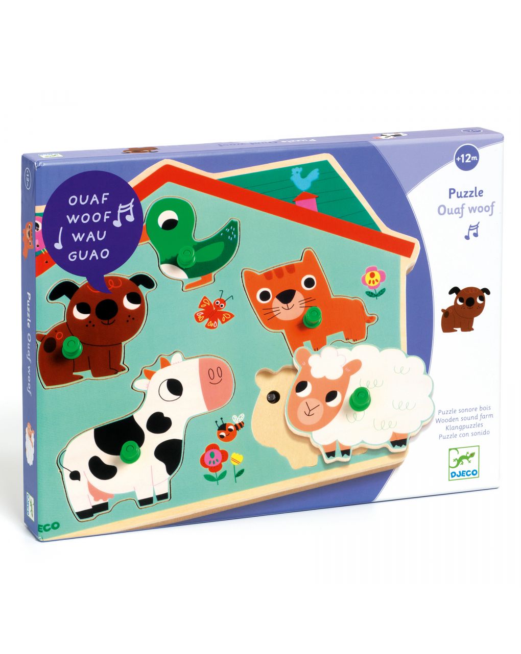 Puzzle ouaf woof - sonoro in legno 5 pezzi - djeco