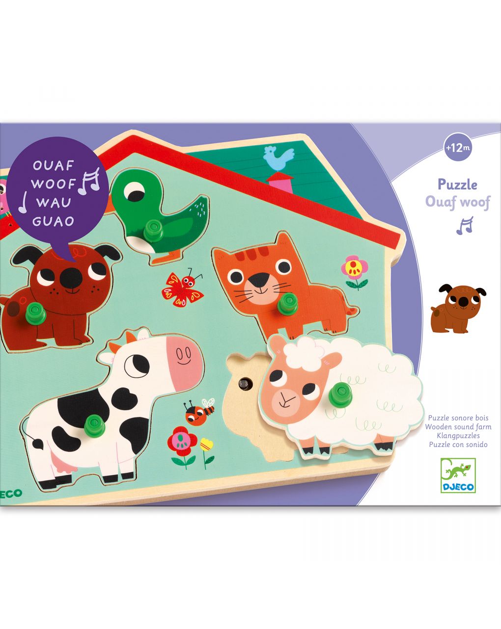 Puzzle ouaf woof - sonoro in legno 5 pezzi - djeco