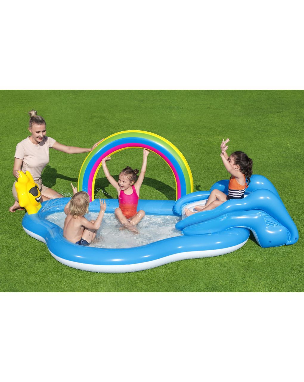 Play center arcobaleno 257x145x91 cm con scivolo e spruzzatore a forma di sole - bestway