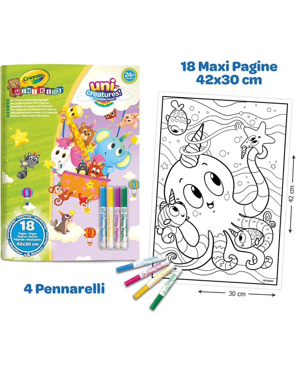 Set maxi pagine da colorare uni-creatures e pennarelli lavabili - crayola mini kids