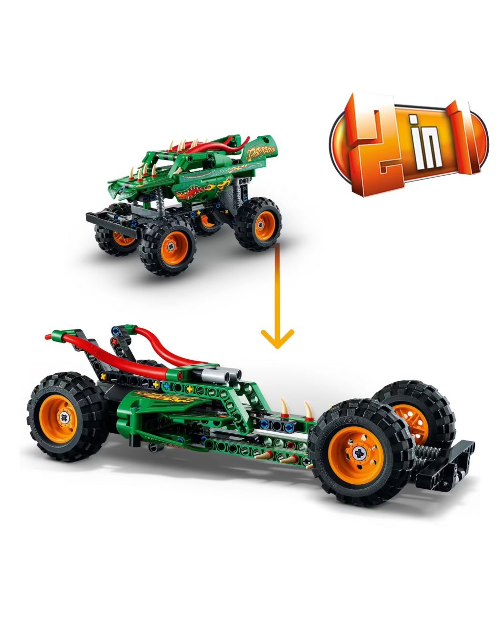 Monster jam dragon - set 2 in 1 con pull-back - auto offroad monster truck e macchina giocattolo buggy - lego technic