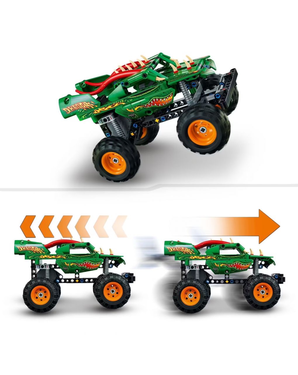 Monster jam dragon - set 2 in 1 con pull-back - auto offroad monster truck e macchina giocattolo buggy - lego technic