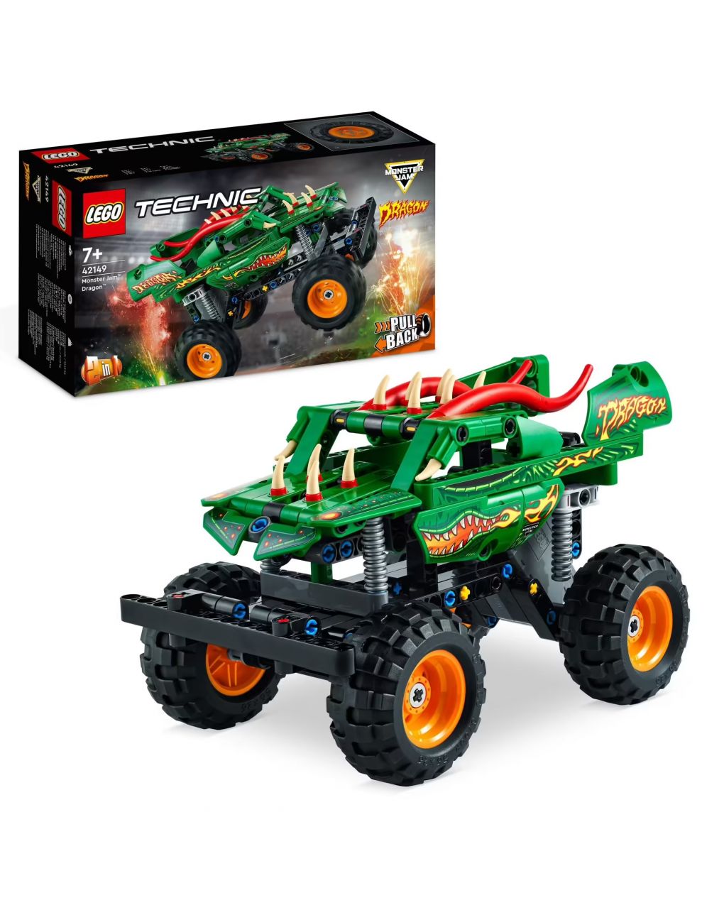 Monster jam dragon - set 2 in 1 con pull-back - auto offroad monster truck e macchina giocattolo buggy - lego technic