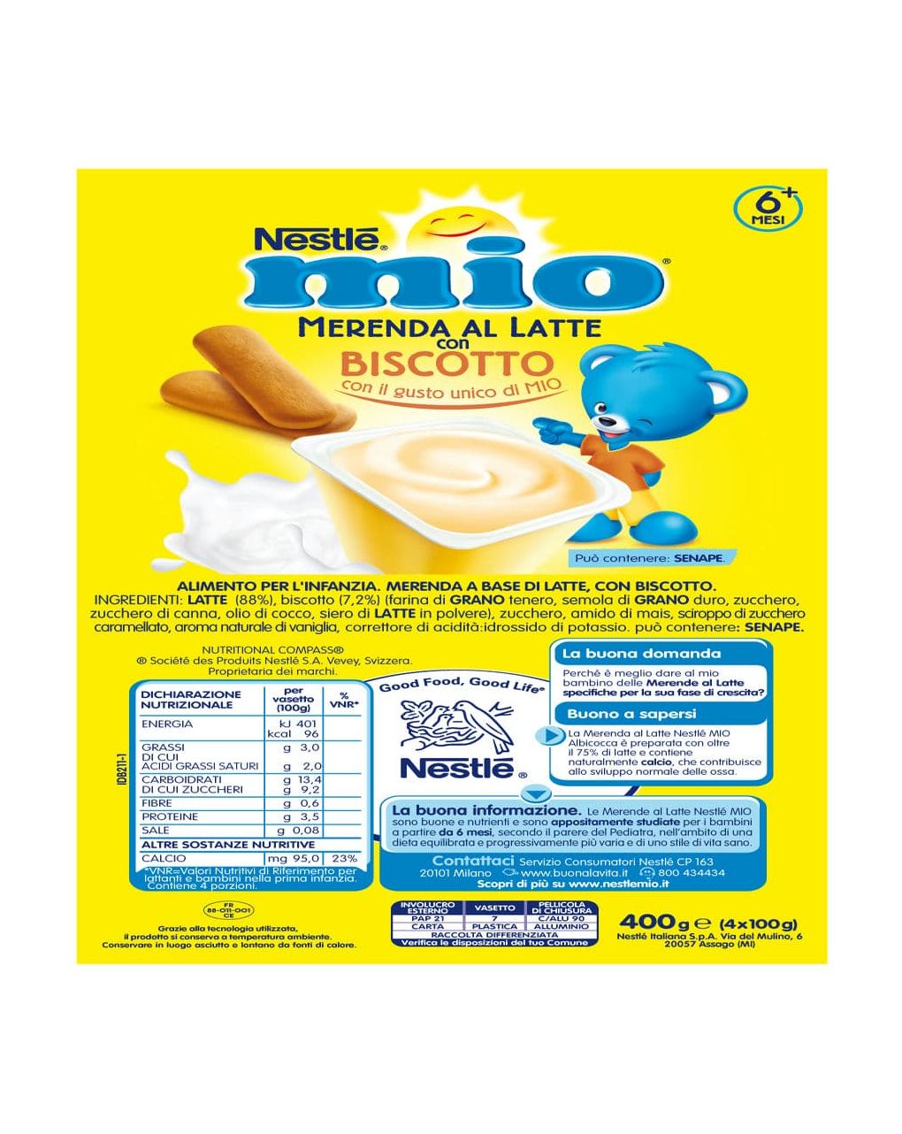 Mio merenda al latte biscotto da 6 mesi - 4 vasetti da 100g - nestlé