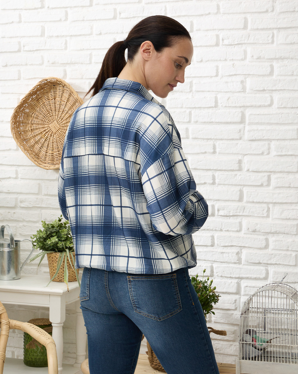 Camicia premaman con fantasia check blu
