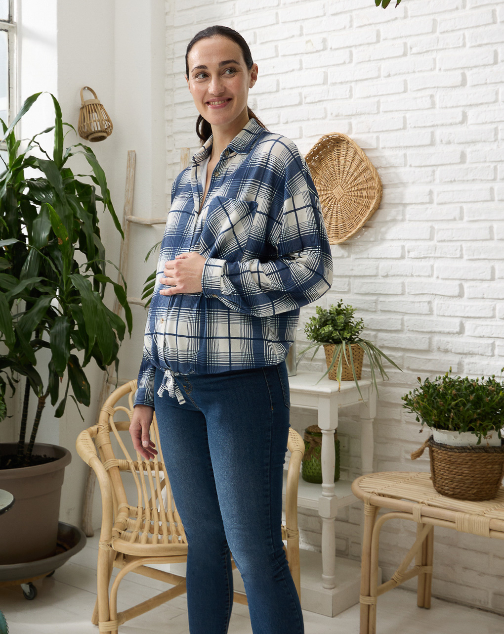 Camicia premaman con fantasia check blu