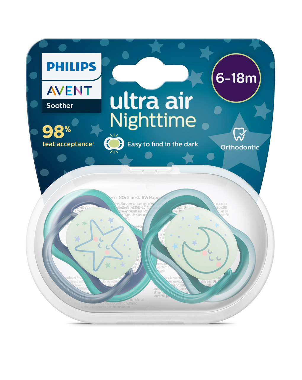 2 ciucci ultra air night time 6-18 mesi decorazione stella/luna - philips avent