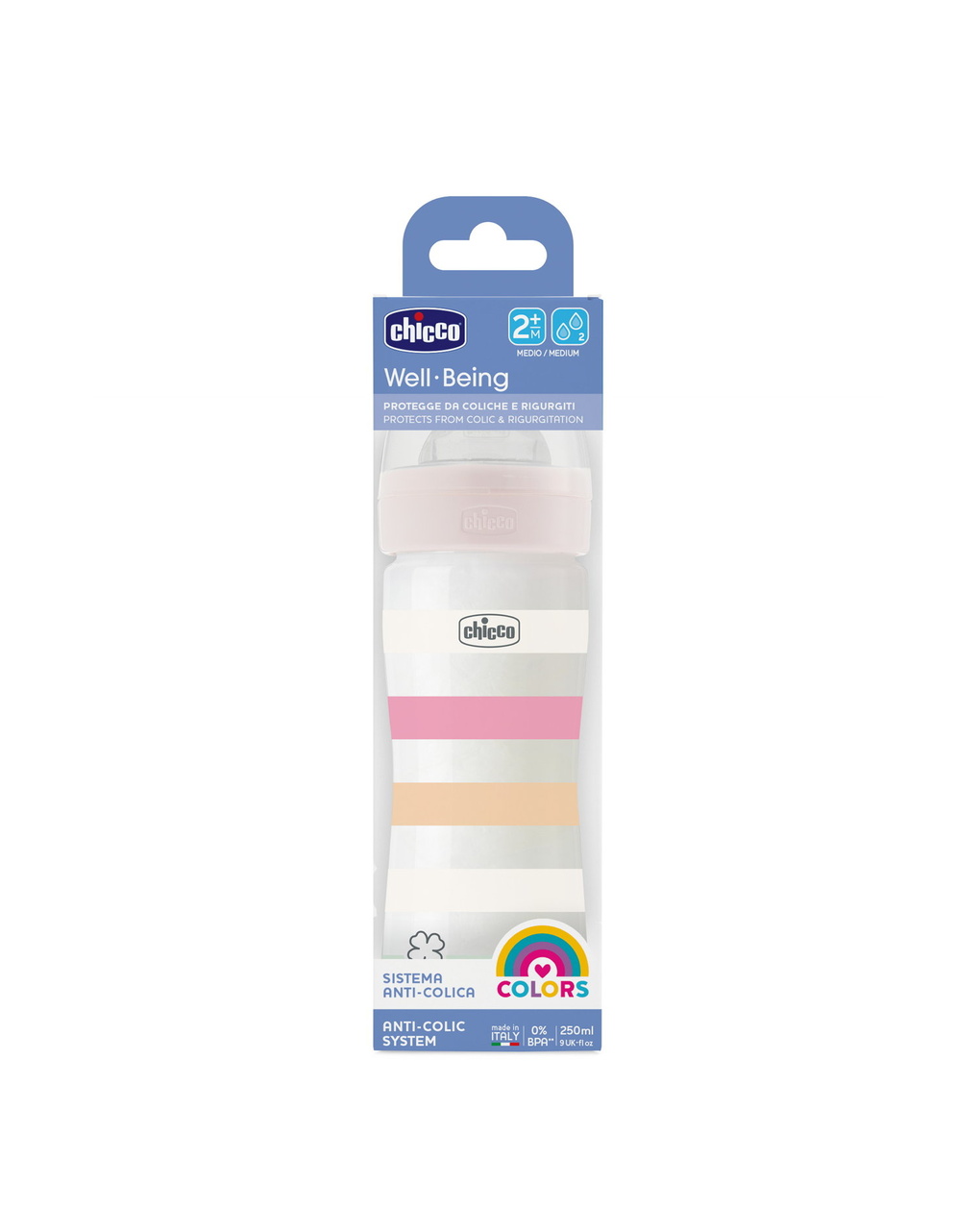 Biberon benessere 250ml flusso medio in plastica bianco rosa - chicco