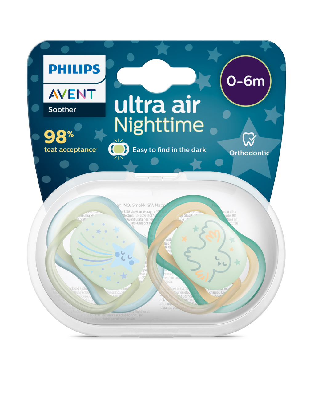 2 ciucci ultra air night time 0-6 mesi decorazione stella/uccellino - philips avent