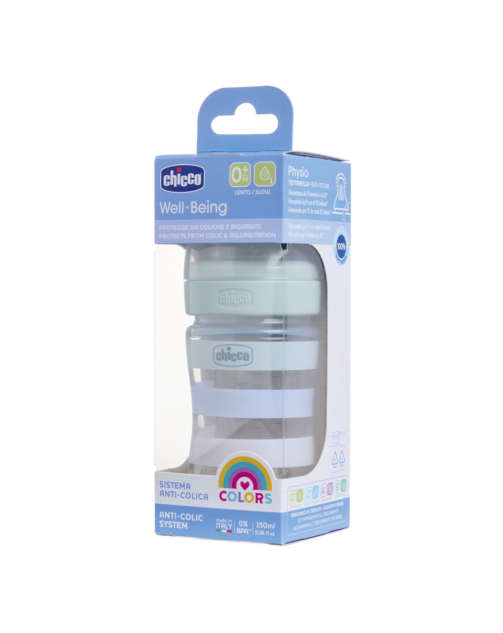 Biberon benessere 150ml flusso lento in plastica verde azzurro - chicco