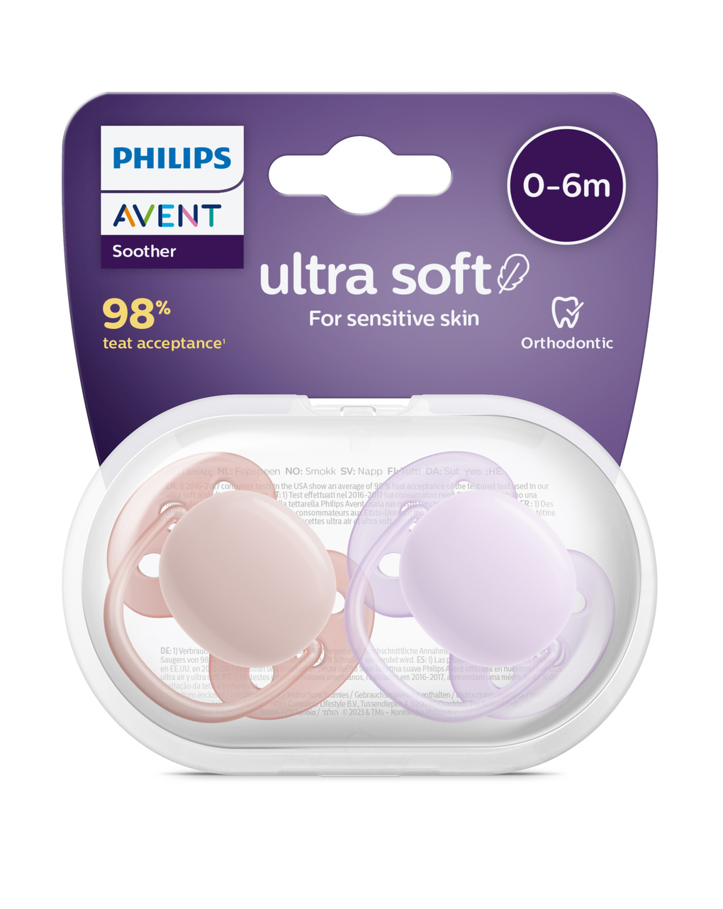 2 ciucci ultra soft 0-6 mesi colore viola/rosa - philips avent