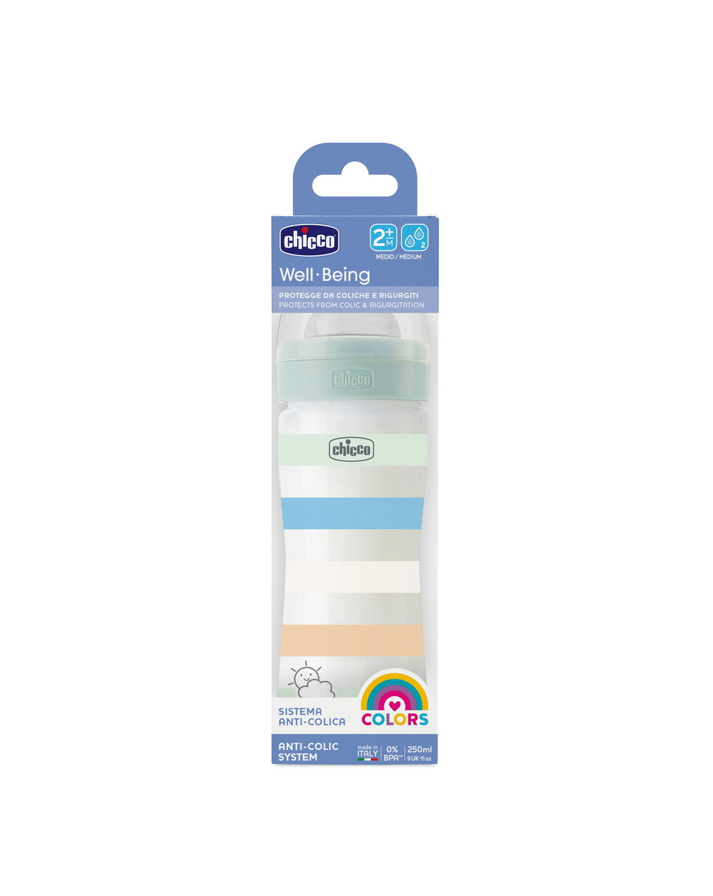 Biberon benessere 250ml flusso medio in plastica verde azzurro - chicco