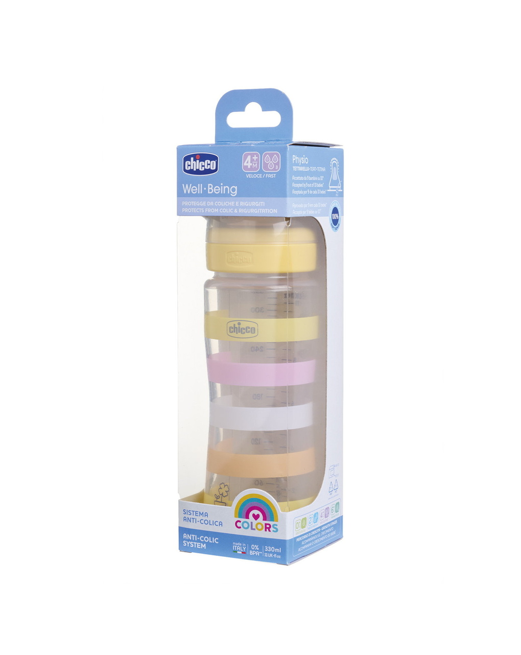 Biberon benessere 330ml flusso rapido in plastica giallo rosa - chicco