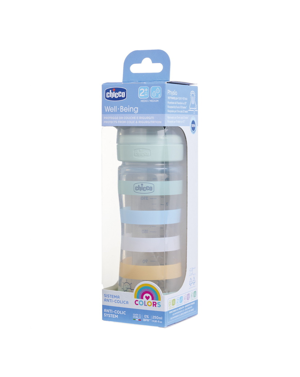 Biberon benessere 250ml flusso medio in plastica verde azzurro - chicco