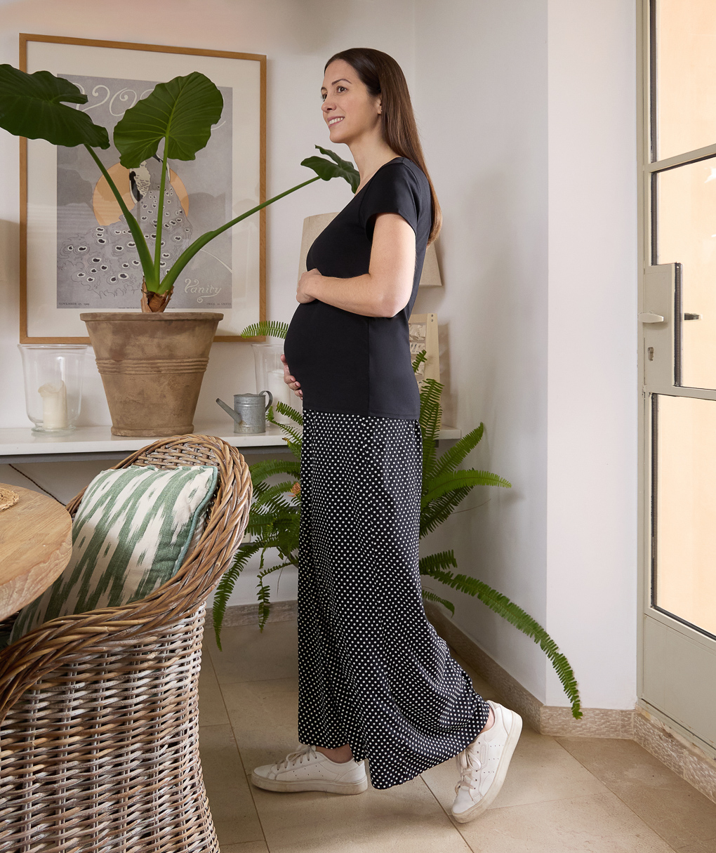 Pantalone premaman ampio con fantasia pois