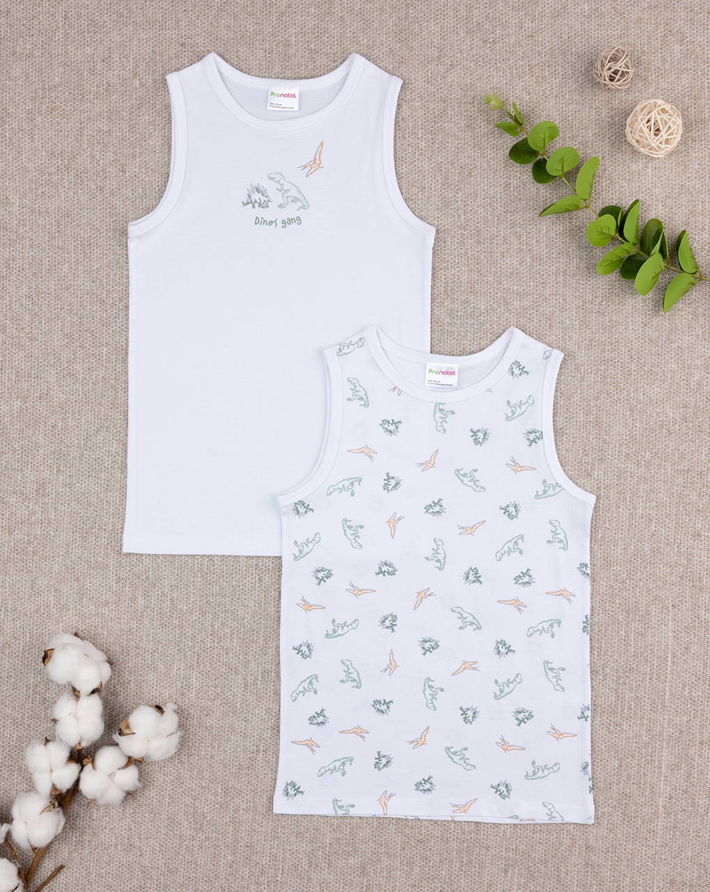 Pack 2 canotte spalla larga bimbo dinosauri