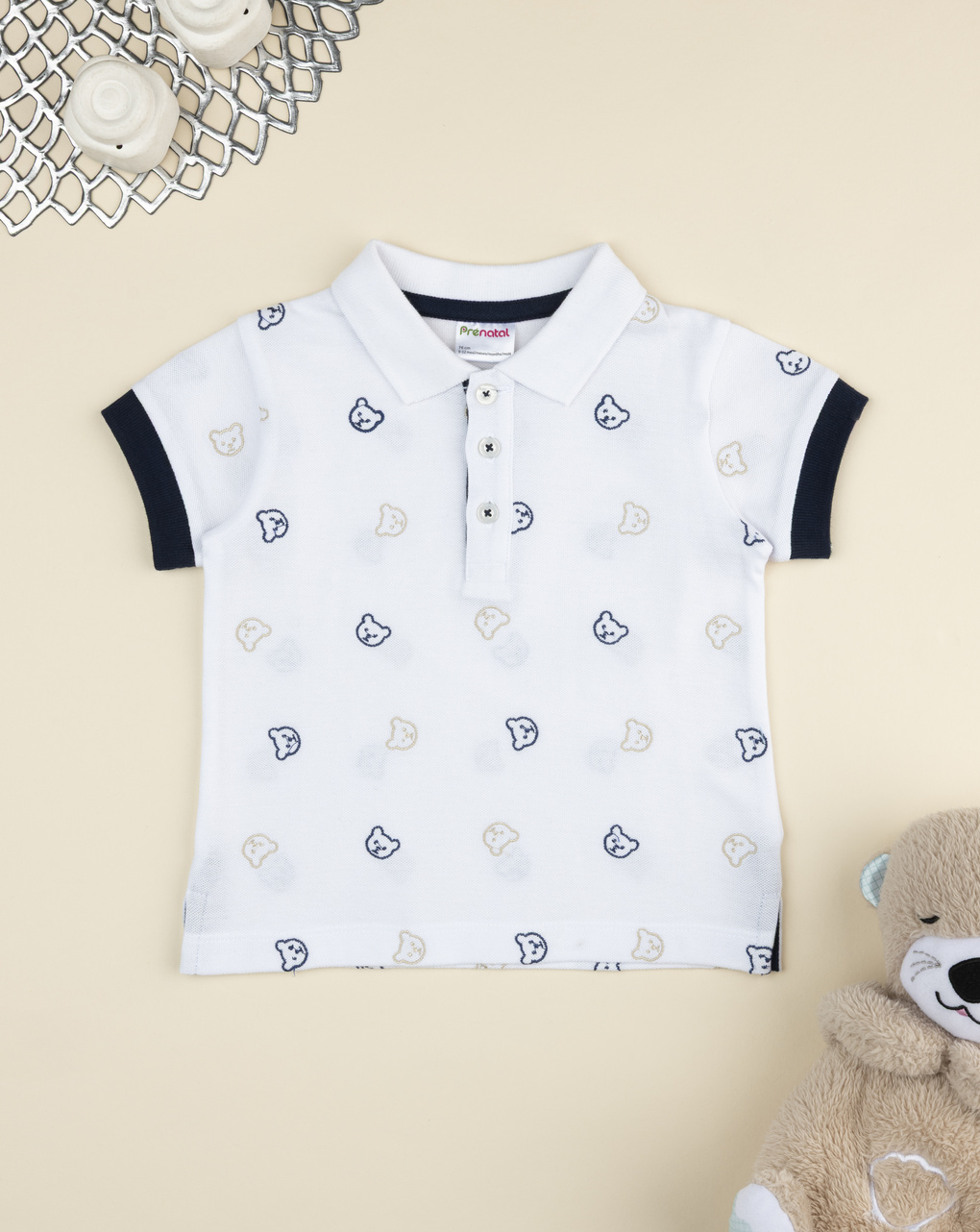 Polo bianca bimbo maniche corte orsi allover