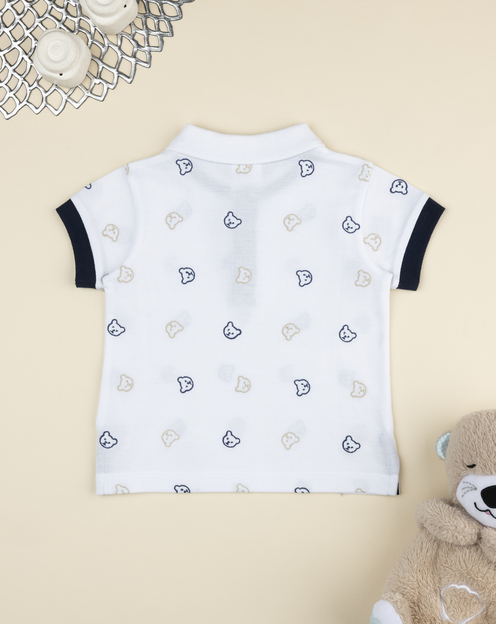 Polo bianca bimbo maniche corte orsi allover