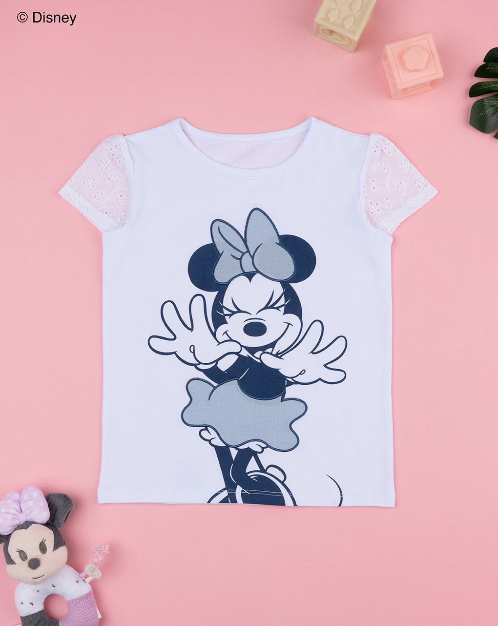 T-shirt bimba bianca minnie e sangallo