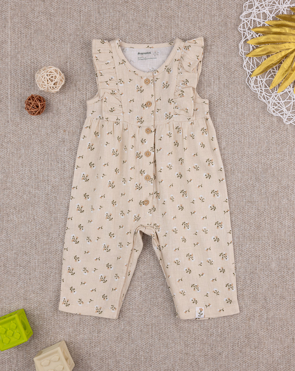 Tutina bimba in lino beige fiori allover