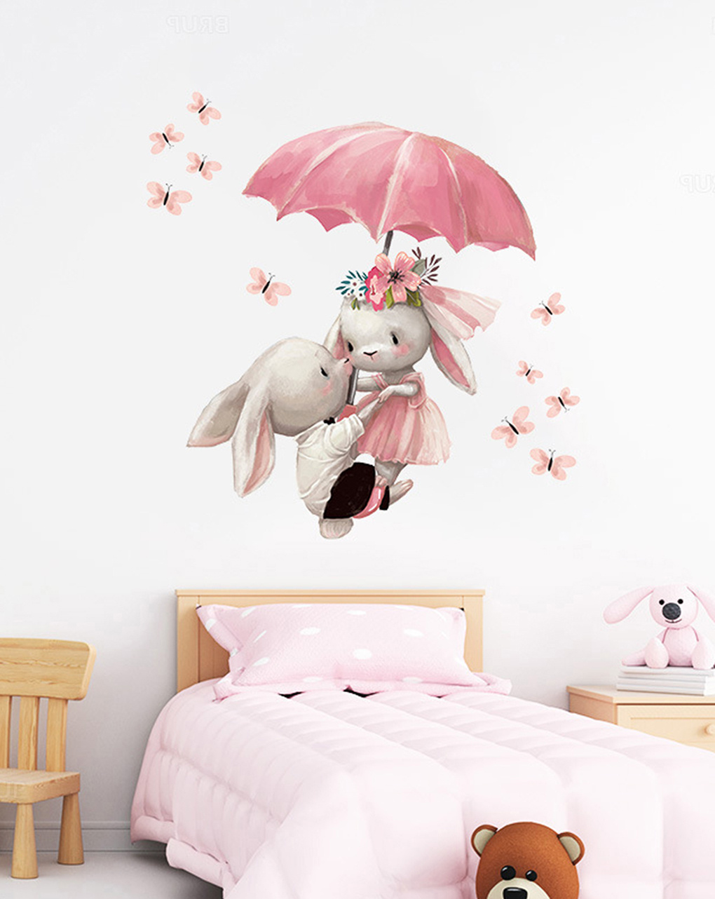 Adesivo decorativo da parete - coniglietti con ombrello - autoadesivo - sipo