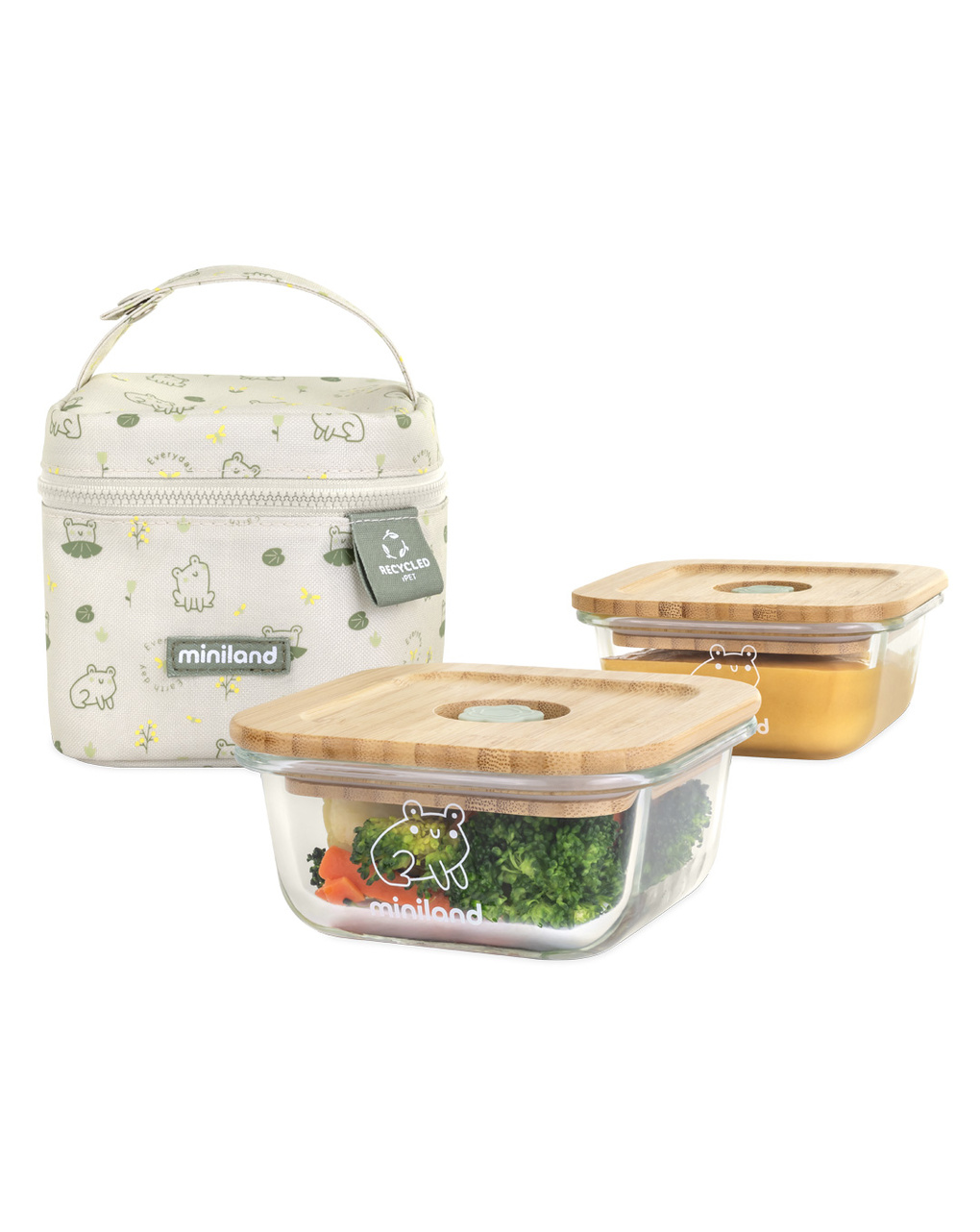 Set di contenitori eco square per alimenti e borsa trasporto ranocchie  - miniland