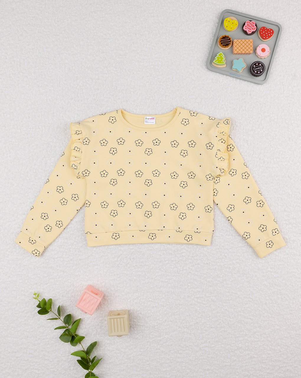 Felpa bimba gialla margherite allover e rouches