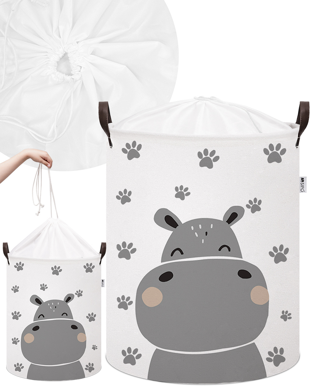 Cestino portagiochi in cotone ippopotamo - chiusura a cordoncino - 43 l - sipo