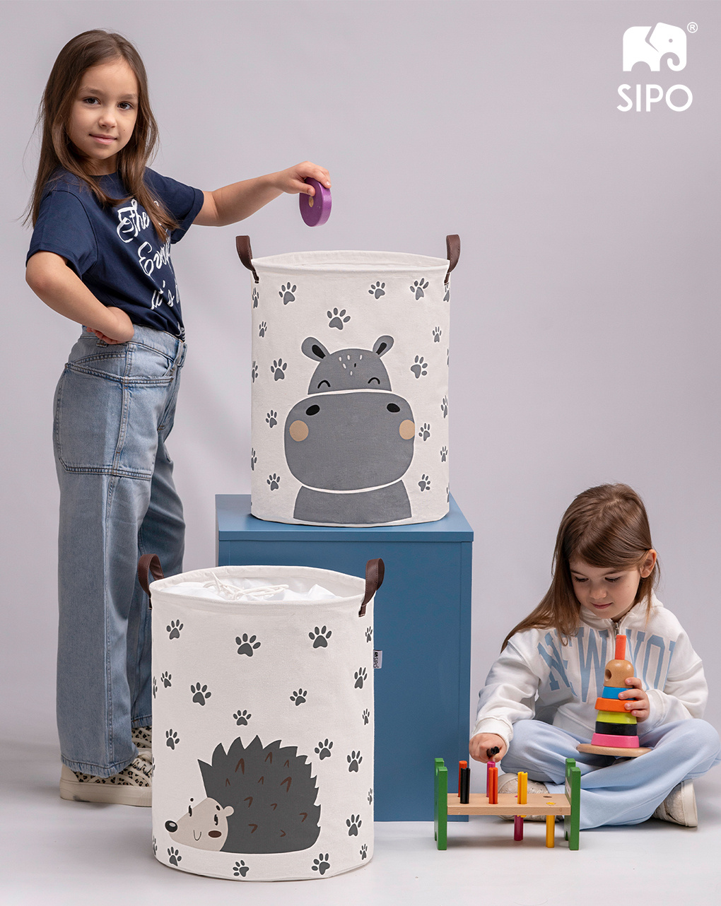 Cestino portagiochi in cotone ippopotamo - chiusura a cordoncino - 43 l - sipo