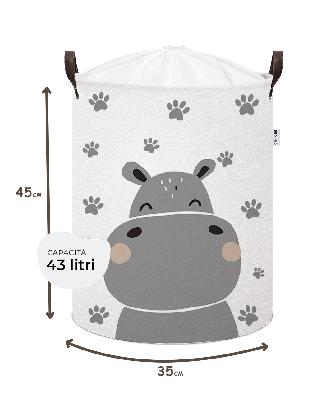 Cestino portagiochi in cotone ippopotamo - chiusura a cordoncino - 43 l - sipo