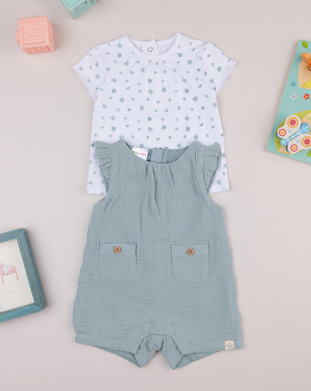 Completo bimba bianco/verde mussola