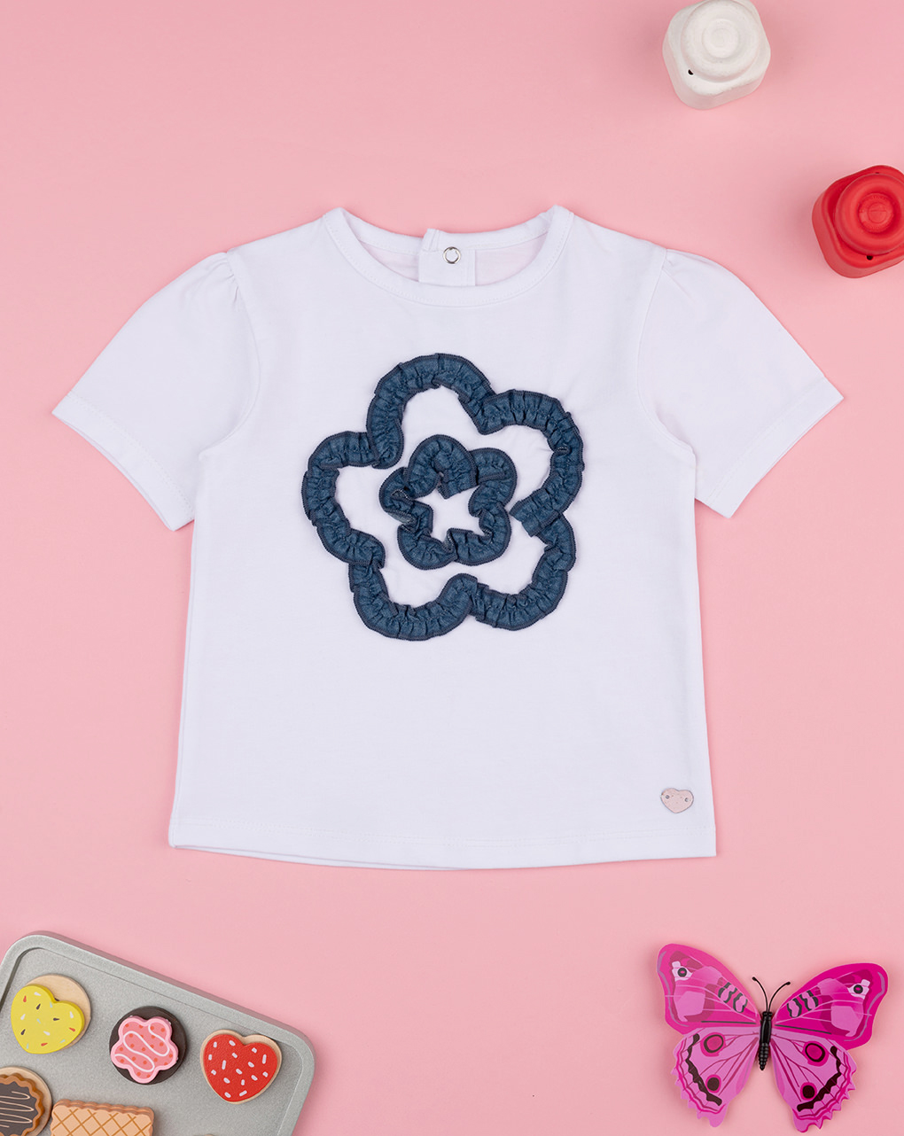 T-shirt bimba bianca fiore denim