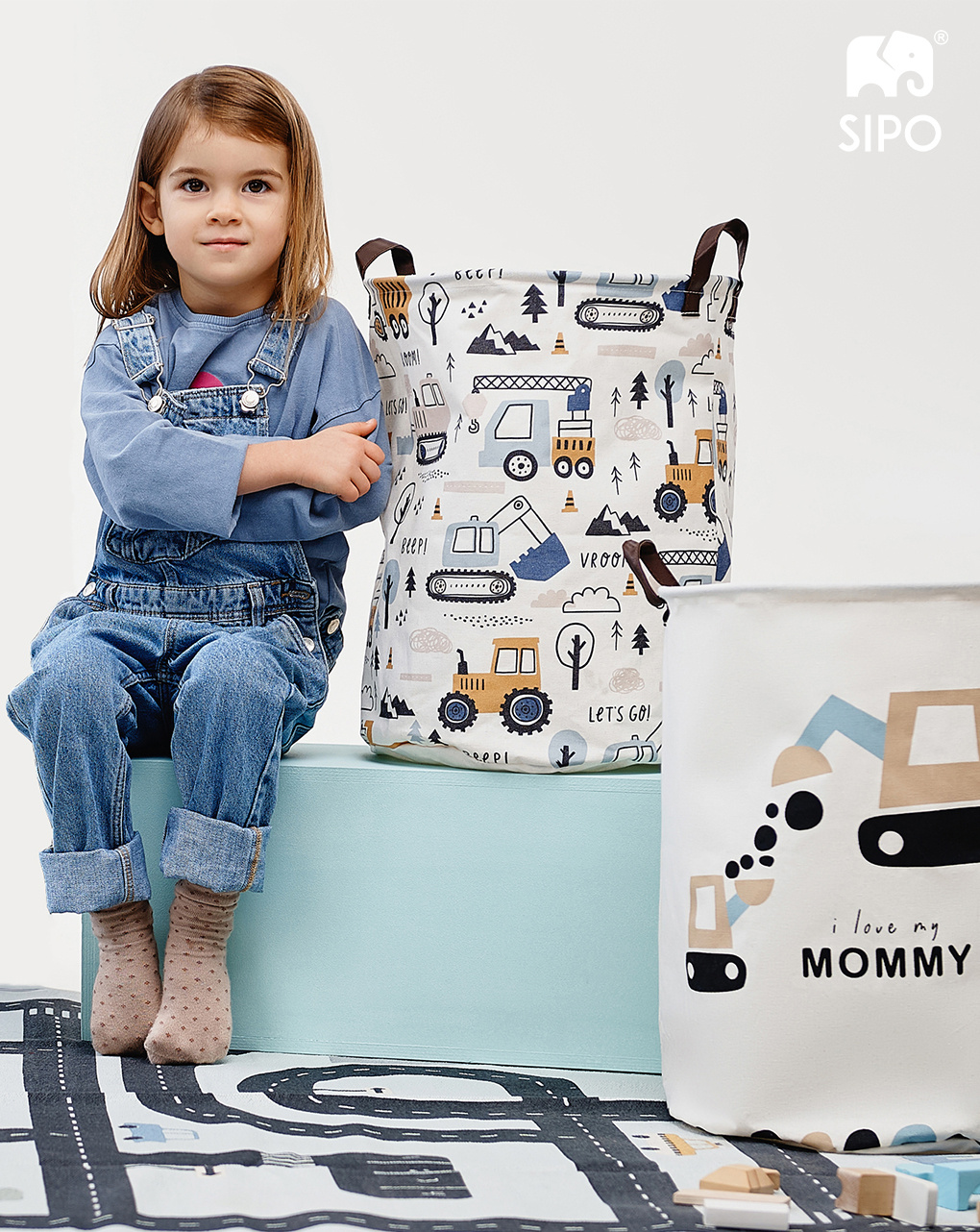 Cestino per giocattoli in cotone mini camion - chiusura a coulisse - 43 l - sipo