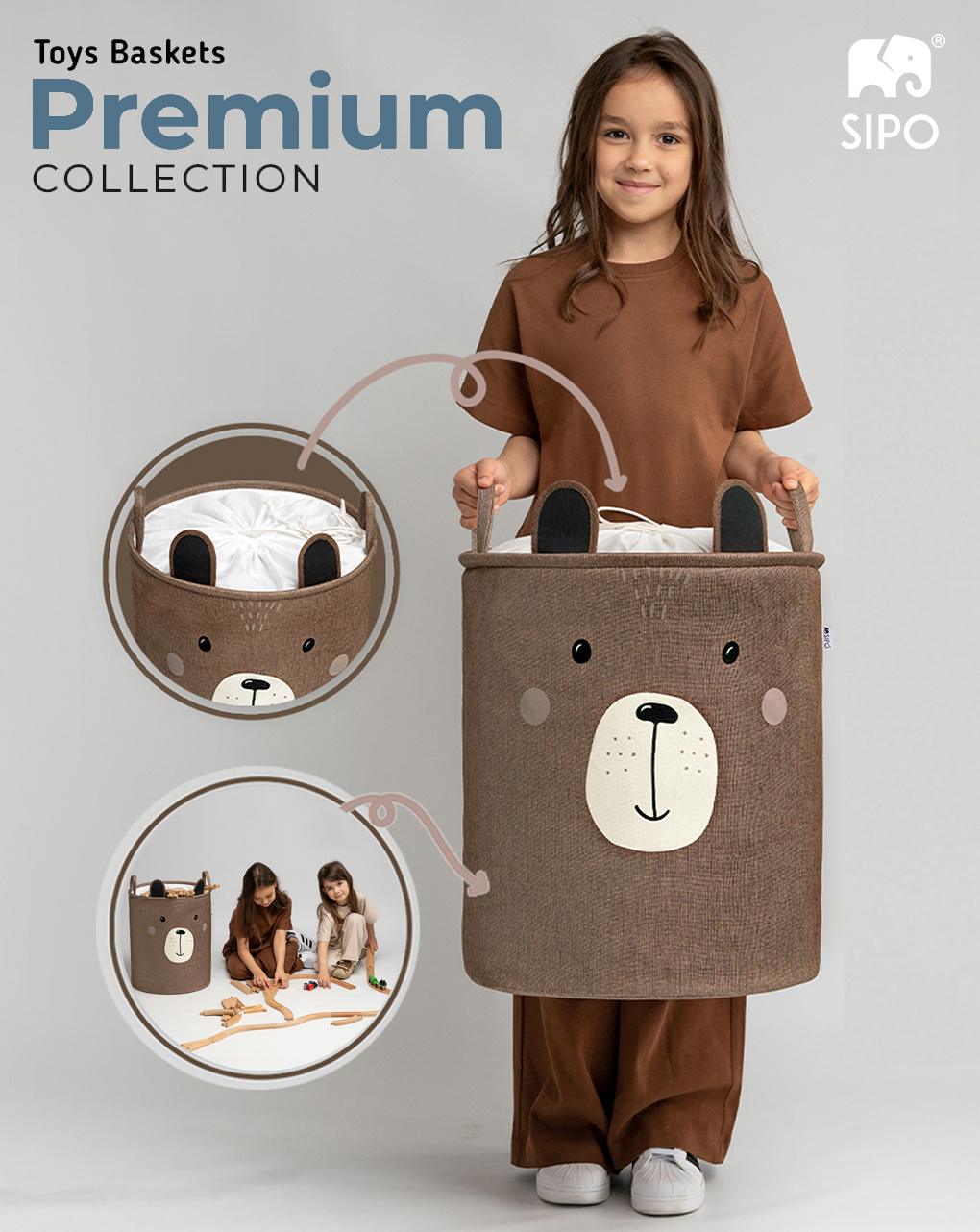 Cestino portaoggetti premium orso bruno xxl - chiusura a coulisse - 63 l - sipo