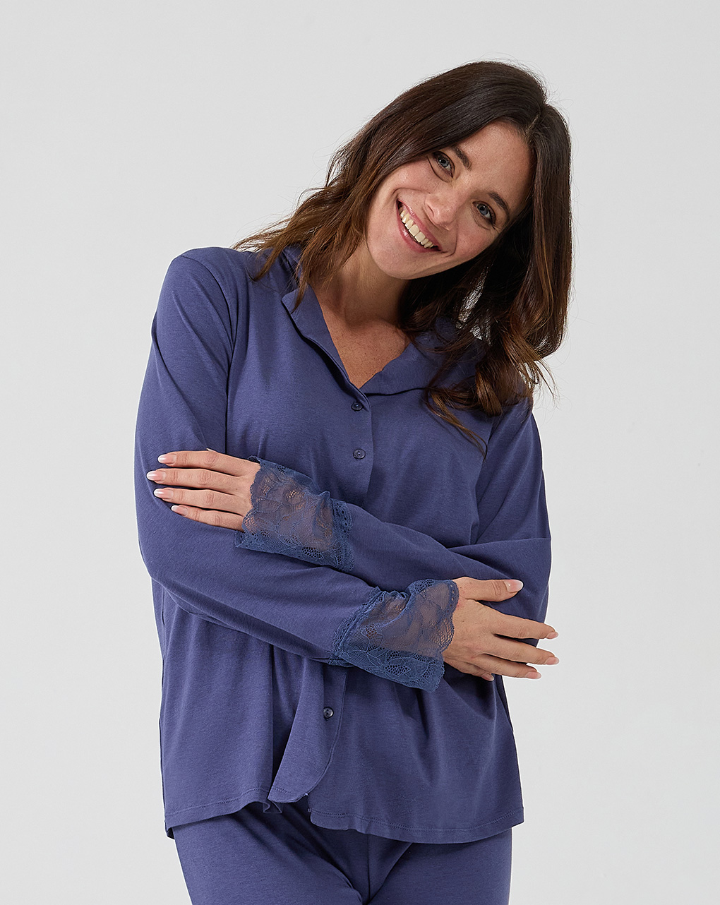 Pigiama premaman allattamento blu con pizzo