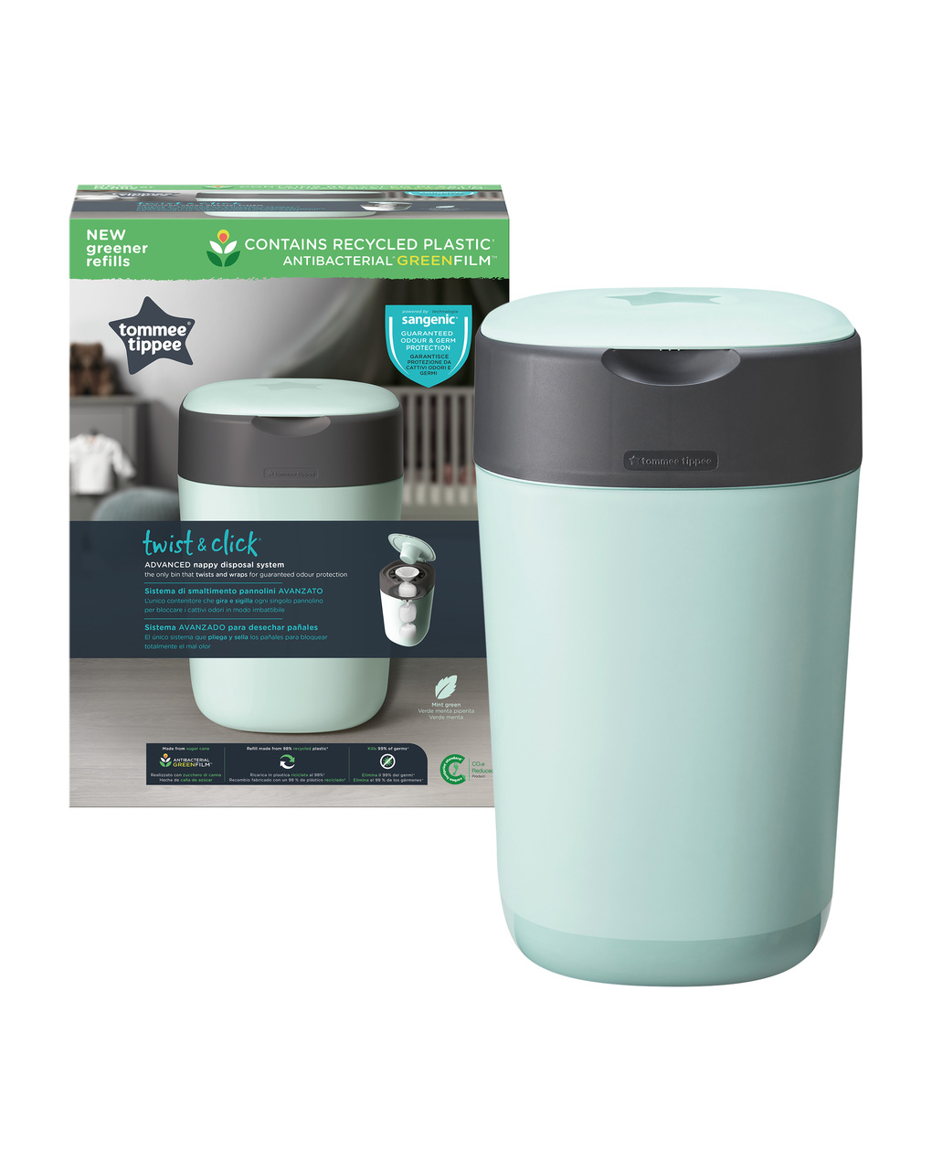 Twist and click cestino per pannolini avanzato verde - tommee tippee