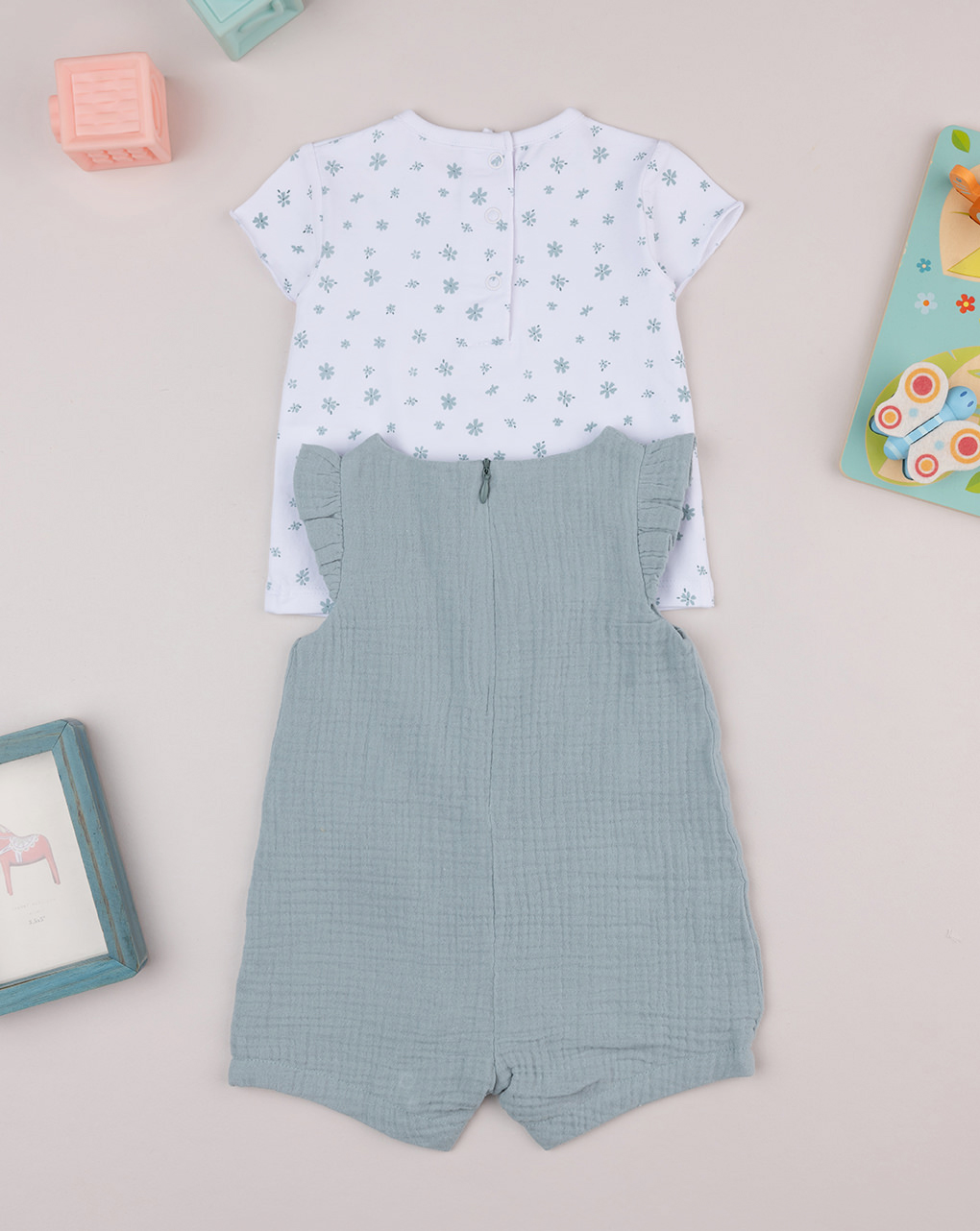 Completo bimba bianco/verde mussola