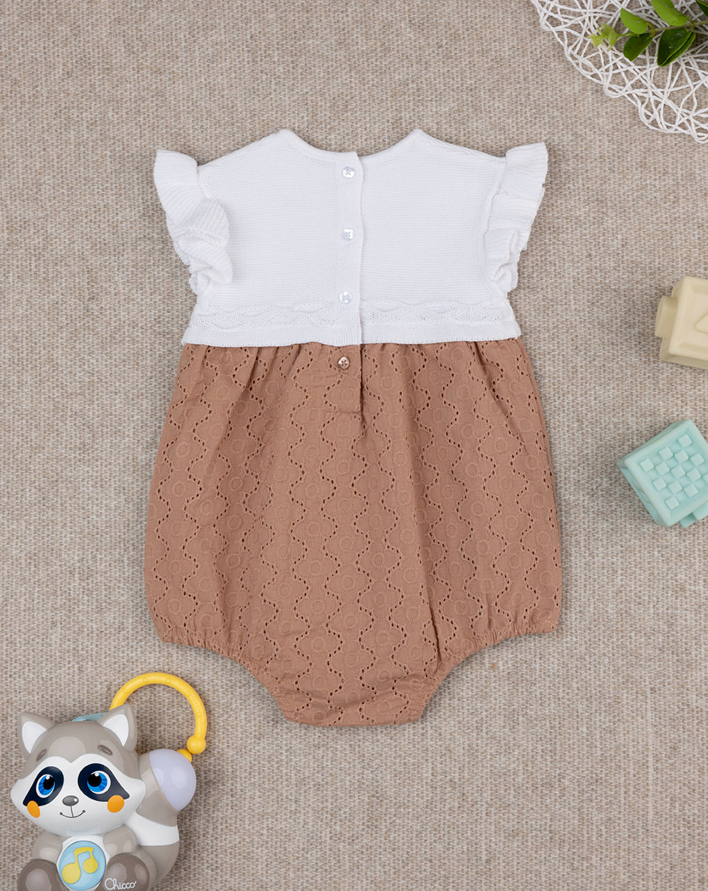 Pagliaccetto bimba bianco/marrone sangallo