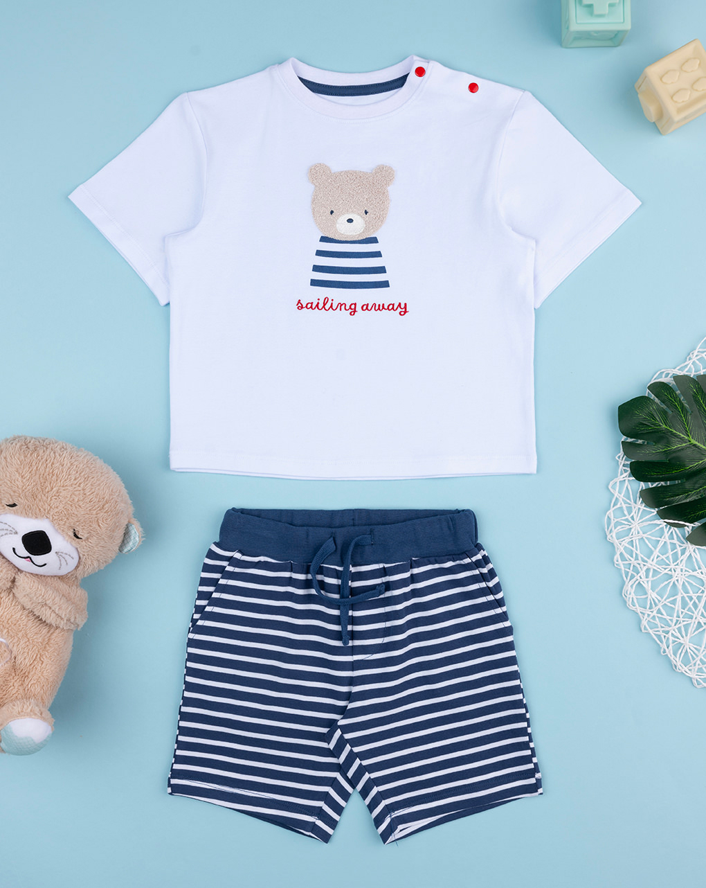 Completo corto bimbo bianco/blu orsetto