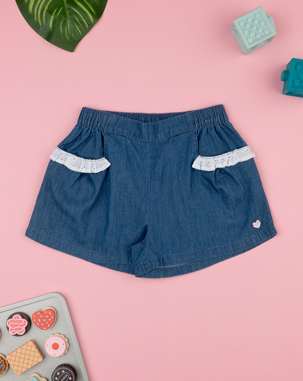Shorts chambray bimba bordi in sangallo