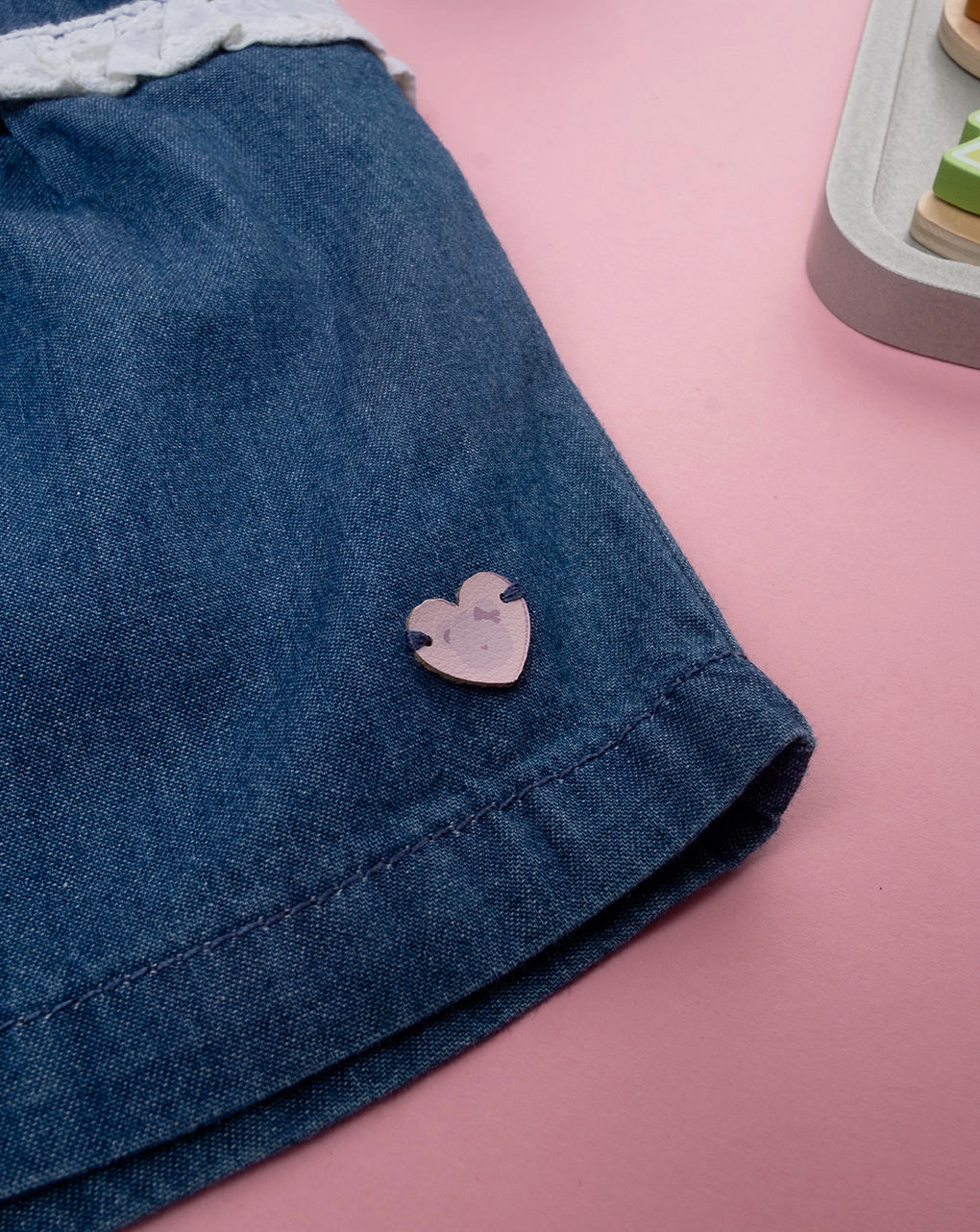 Shorts chambray bimba bordi in sangallo