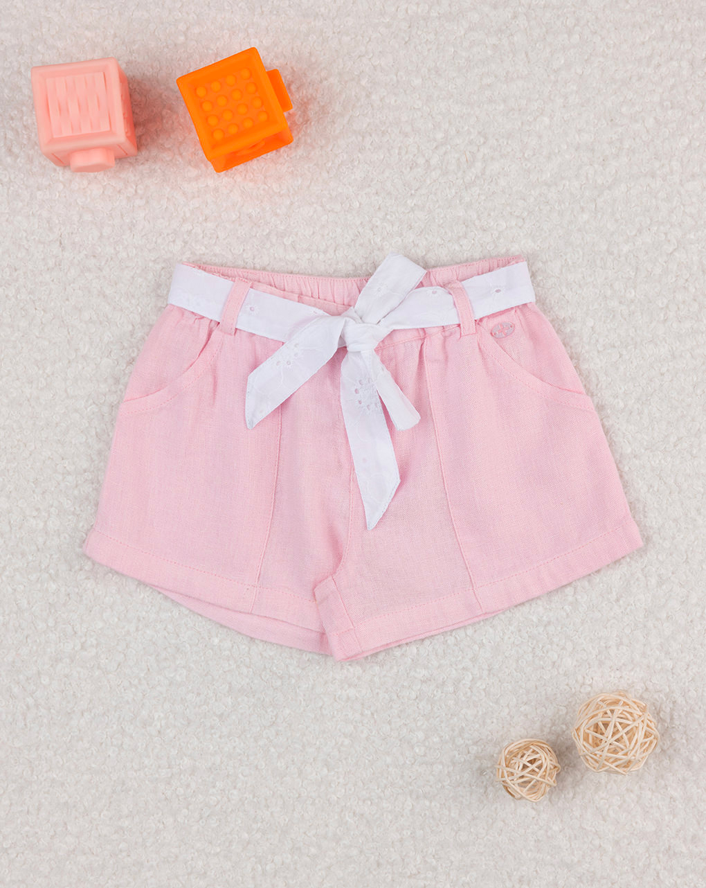 Shorts bimba rosa cintura sangallo bianco