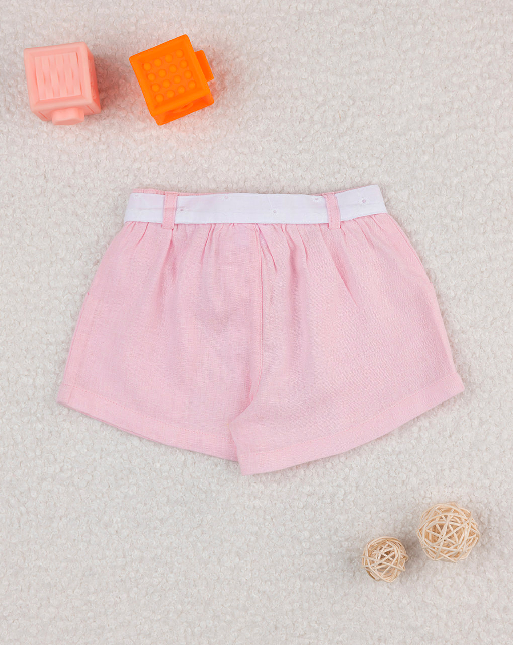 Shorts bimba rosa cintura sangallo bianco