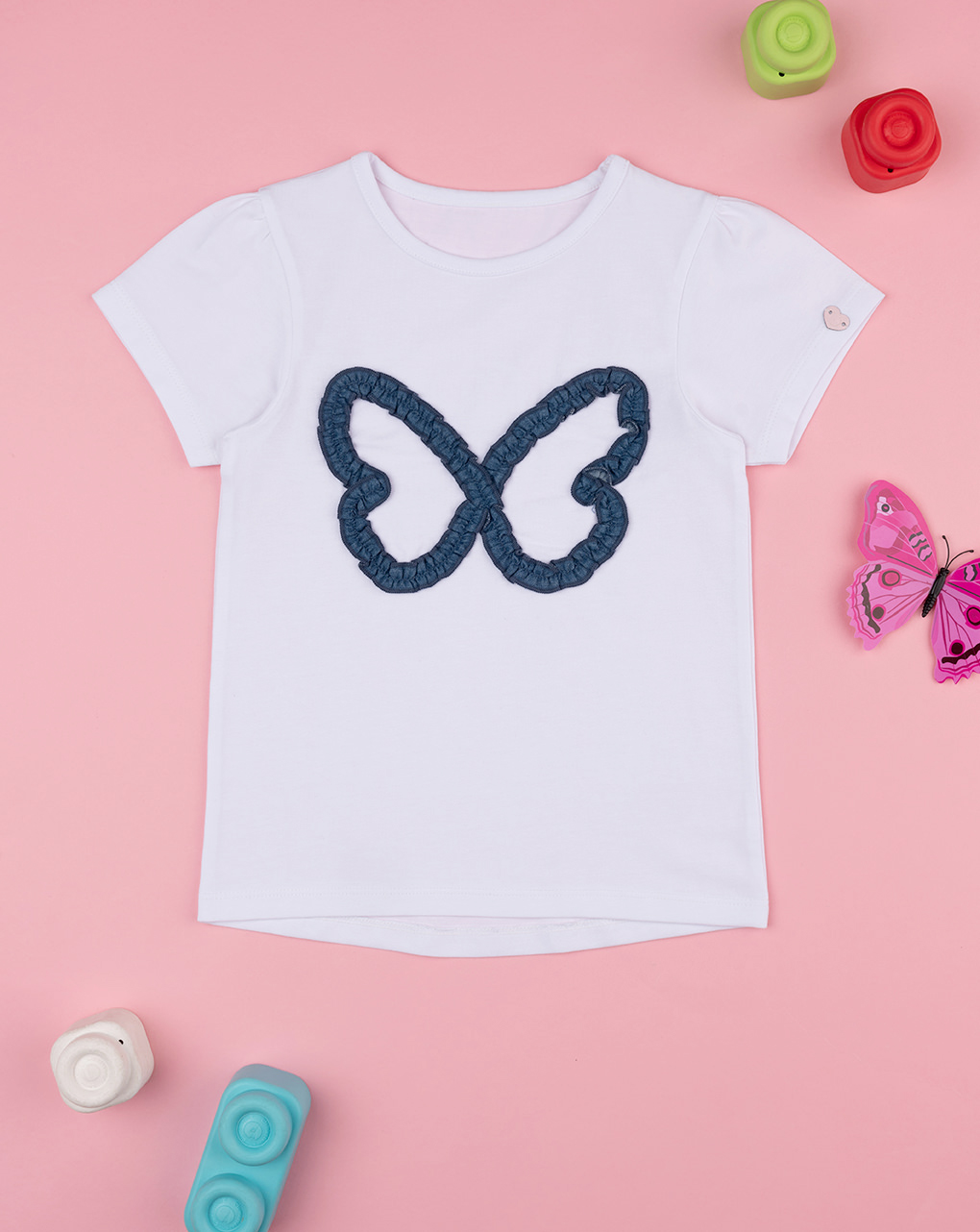 T-shirt bimba bianca farfalla denim