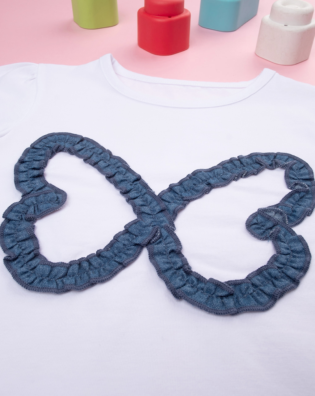 T-shirt bimba bianca farfalla denim