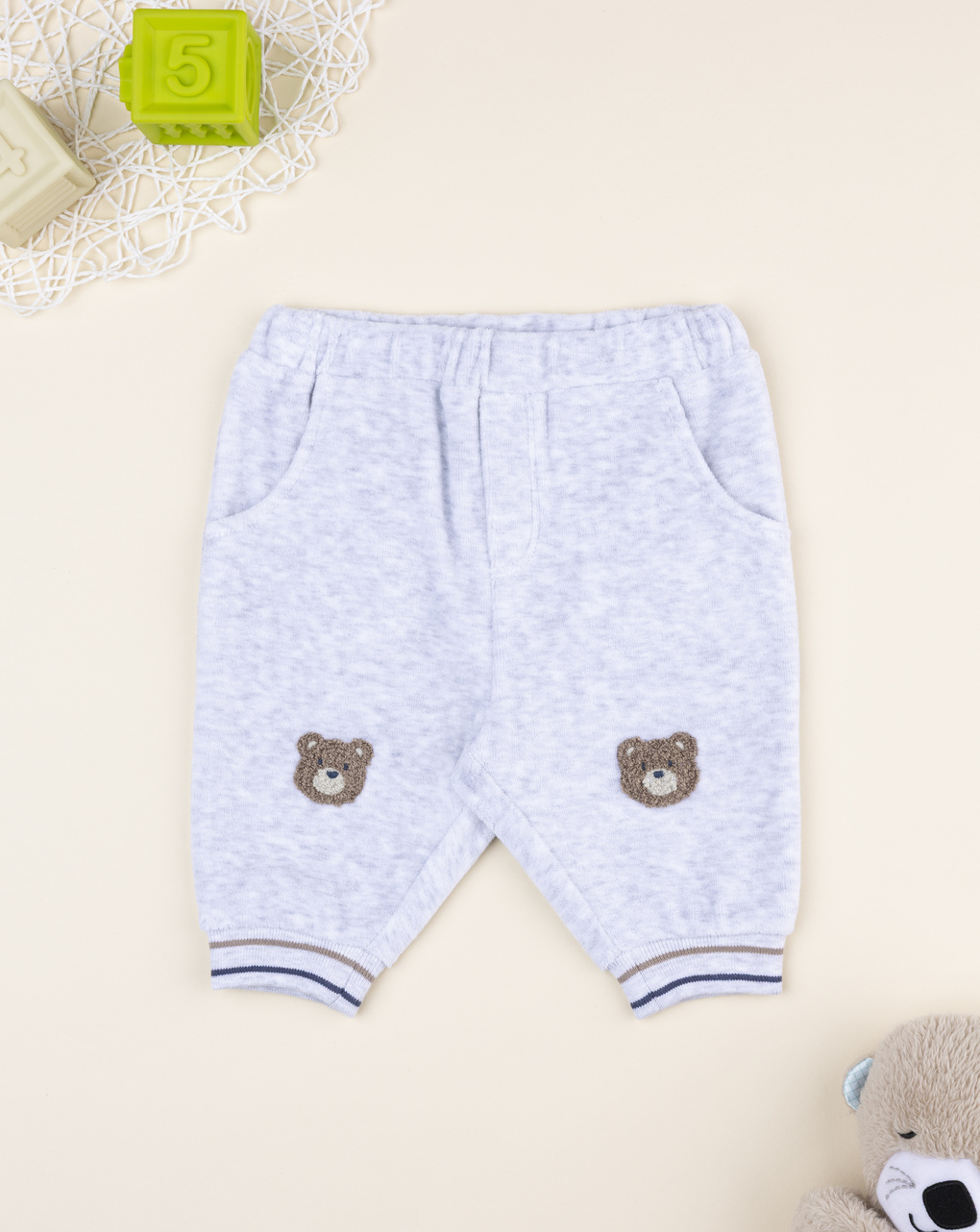 Pantalone bimbo grigio chiaro patch orsi