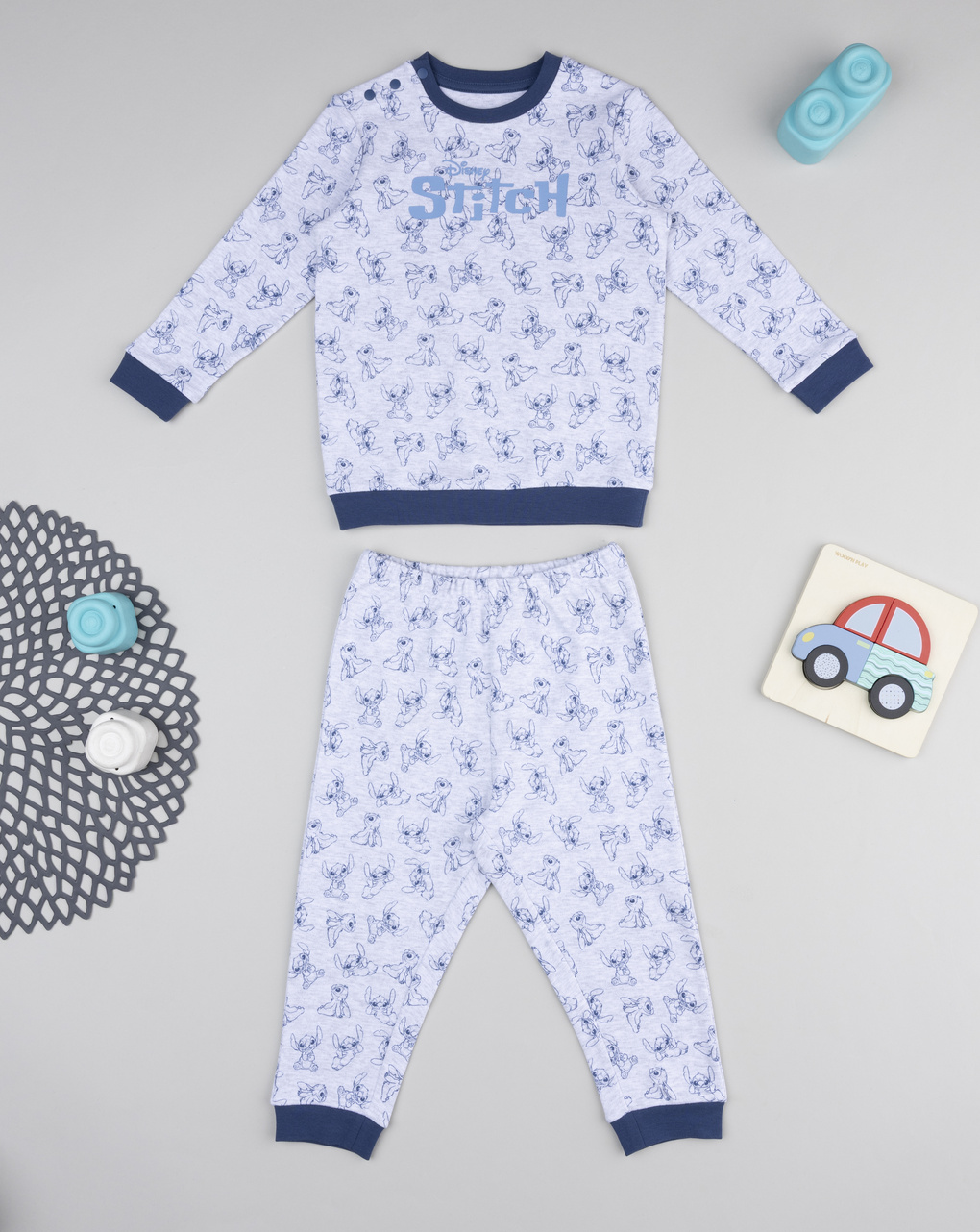 Pigiama bimbo grigio/blu allover stitch
