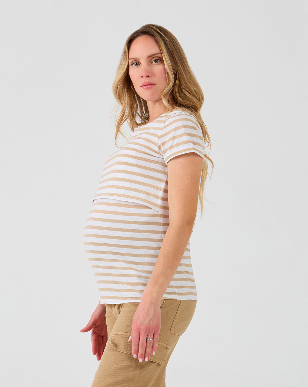 T-shirt premaman allattamento con stampa righe beige